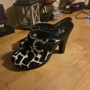 Very Volatile Black and White Animal-Print Mule Heels with Rhinestone Buckle